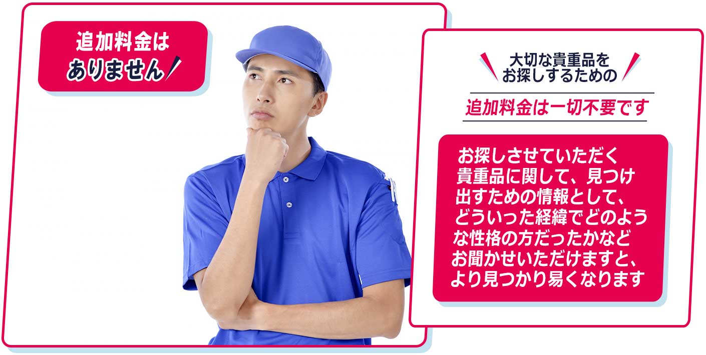 大切な貴重品をお探しするための追加料金は、一切不要です。お探しさせていただく貴重品に関して、見つけ出すための情報として、どういった経緯でどのような性格の方だったかなどお聞かせいただけますと、より見つかり易くなります。